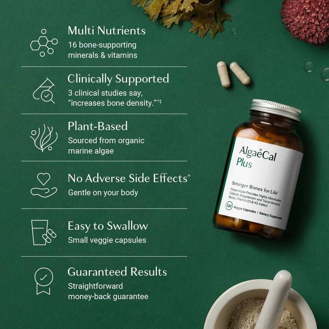 ALGAECAL Plus Calcium Supplement for Bone Density, with D3 K2, 120 Caps